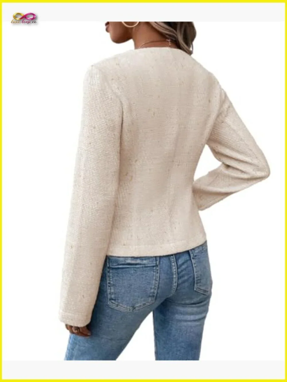 Tweed Blazer Jacket Collarless Open Front Slim Fit Elegant Work Casual